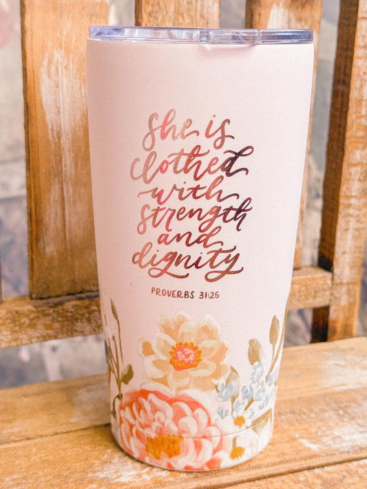 Strength & Dignity Pink Floral Travel Tumbler – 18oz