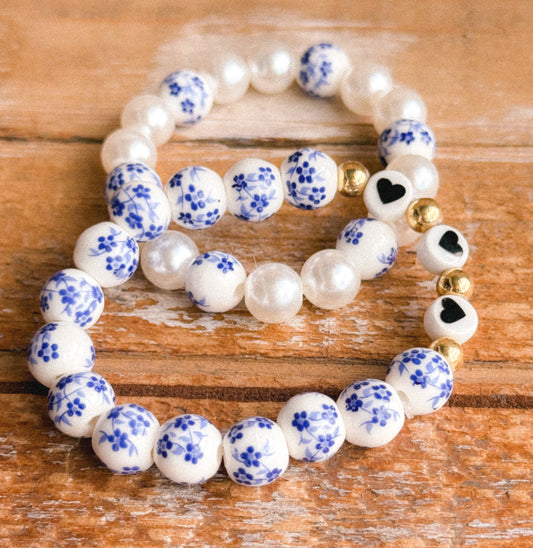 Blue Willow Toile Heart Bracelet Set