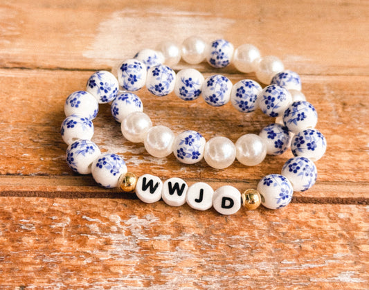 WWJD Blue Toile Bracelet Set